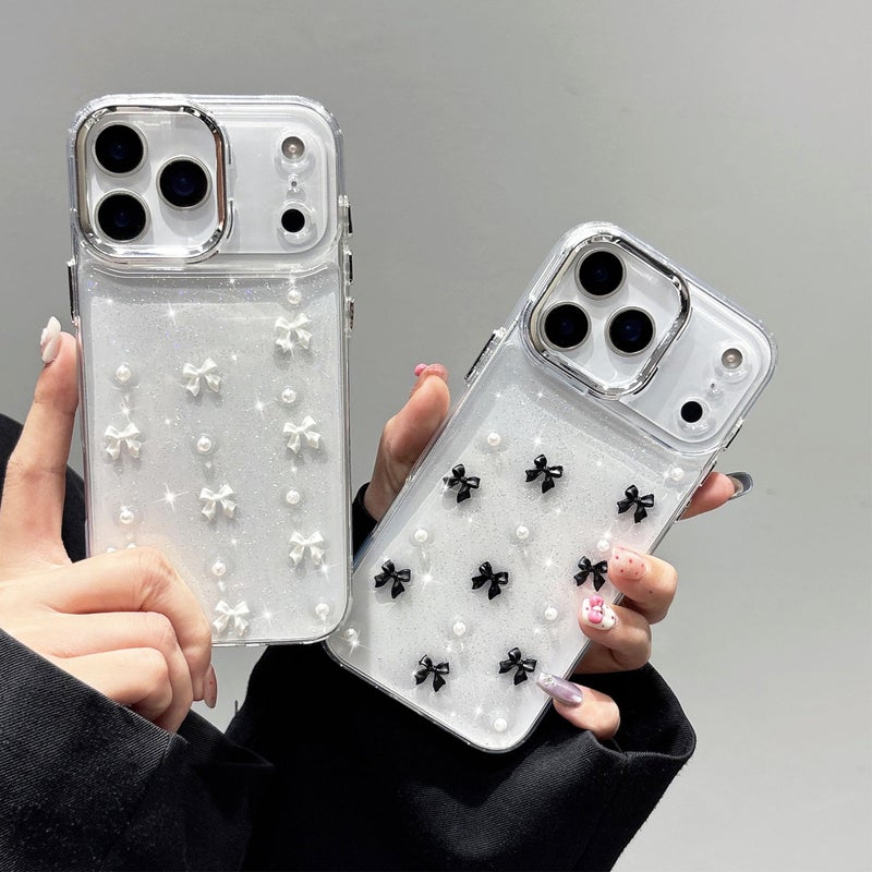 EYZUTAK Case for iPhone 17 Pro Max, Bling Glitter 3D Bowknot Phone Case Cute Sparkly Crystal Clear Bow Aesthetic Cover Slim Soft Durable TPU Transparent Protective Cover for Women Girls - White Bow - Image 2