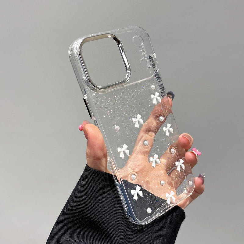 EYZUTAK Case for iPhone 17 Pro Max, Bling Glitter 3D Bowknot Phone Case Cute Sparkly Crystal Clear Bow Aesthetic Cover Slim Soft Durable TPU Transparent Protective Cover for Women Girls - White Bow - Image 3