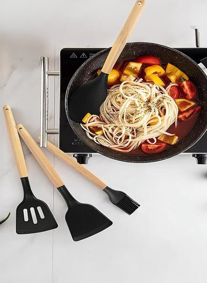 Toshionics 19 PCS Silicone Kitchenware Set with Wooden Handles T114659 | Heat-Resistant Non-Stick Cooking Utensils + 6-in-1 Knife Set + Holder + Cutting Board | Premium Food-Grade Silicone Cooking Tools - Image 4