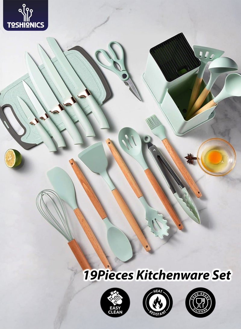 Toshionics 19 PCS Silicone Kitchenware Set with Wooden Handles T114659 | Heat-Resistant Non-Stick Cooking Utensils + 6-in-1 Knife Set + Holder + Cutting Board | Premium Food-Grade Silicone Cooking Tools - Image 1