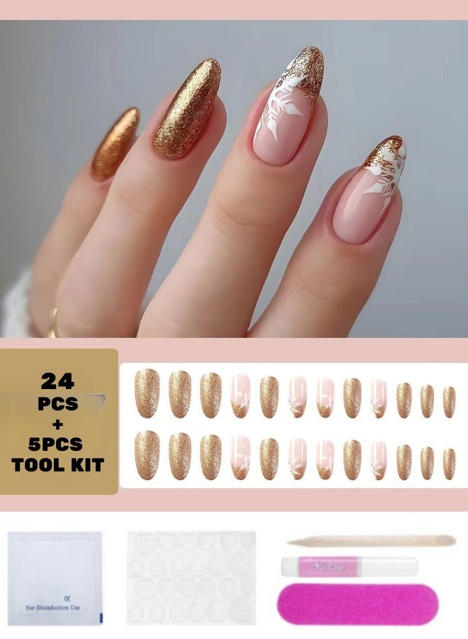 HANYII 24Pcs False Nails+5 Pcs Tool Kit Impress Press-On False Nails Shiny Gold - Image 1