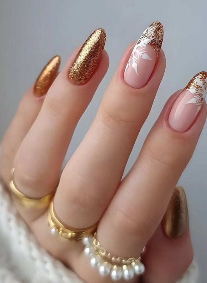 HANYII 24Pcs False Nails+5 Pcs Tool Kit Impress Press-On False Nails Shiny Gold - Image 2