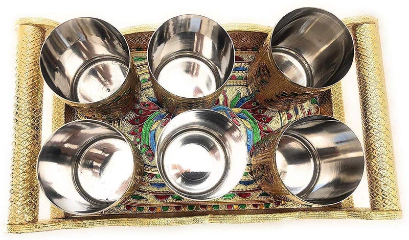 VishAl smart MAll Stainless Steel Handmade Meenakari Peacock Design Golden Glass with Tray Decorative Traditional Indian Style Stainless Steel Tumbler Set ItemSet of 6 Glass with Golden Tray 1500 ml - Image 2