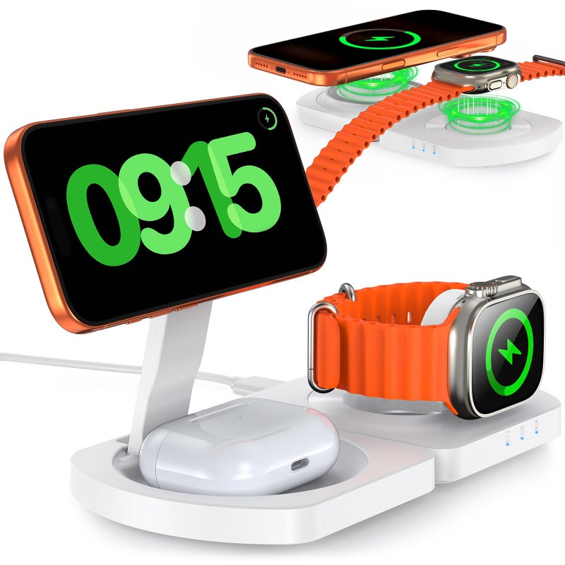 EGV Wireless Charger for iPhone, 3-in-1 Magnetic Charging Station for Apple, MagSafe Charger Stand for iPhone 17 Air 16 15 14 13 12 Series, Airpods Pro, Apple Watch Ultra, Foldable, No Adapter, White - Image 1