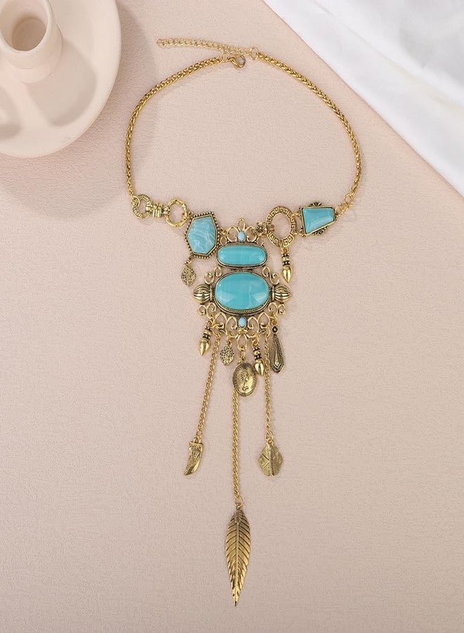 Jumwrit Chunky Chain Choker Layered Necklace Statement Long Curved Coin Tassel Pendant Necklace Vintage Bohemian Ethnic Hip Hop Costume Necklace Punk Accessories for Women (Gold) - Image 3