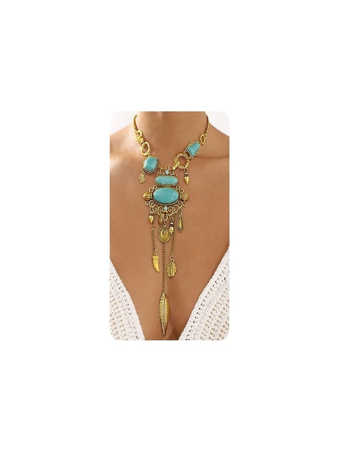 Jumwrit Chunky Chain Choker Layered Necklace Statement Long Curved Coin Tassel Pendant Necklace Vintage Bohemian Ethnic Hip Hop Costume Necklace Punk Accessories for Women (Gold) - Image 1