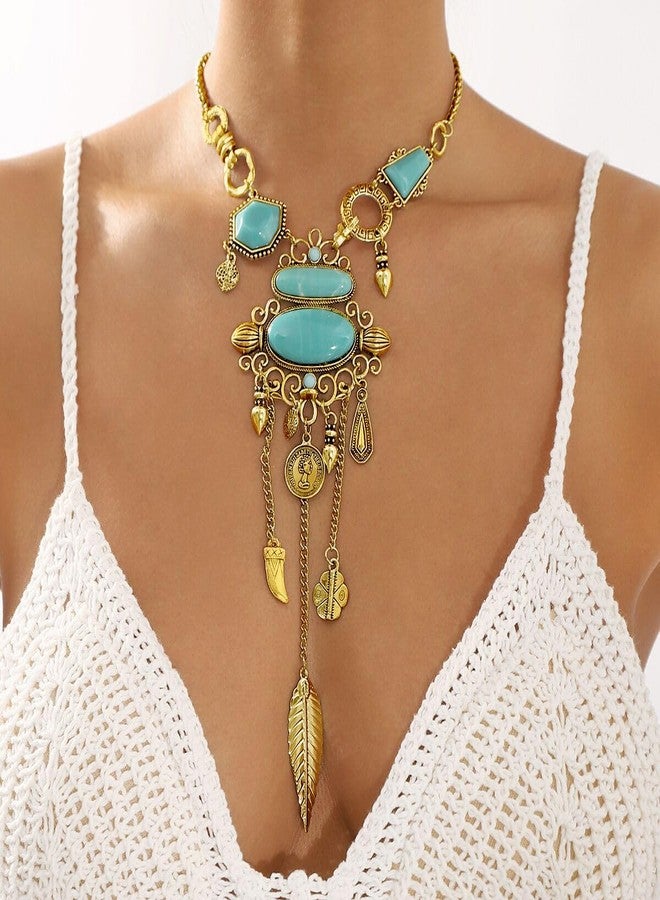 Jumwrit Chunky Chain Choker Layered Necklace Statement Long Curved Coin Tassel Pendant Necklace Vintage Bohemian Ethnic Hip Hop Costume Necklace Punk Accessories for Women (Gold) - Image 2