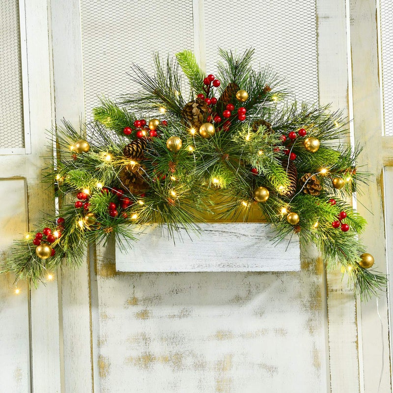 DearHouse 24inch Artificial Christmas Swag Xmas Mail Box Swag with Wintry Pine Collection and LED Lights for Christmas Holiday Home Decor