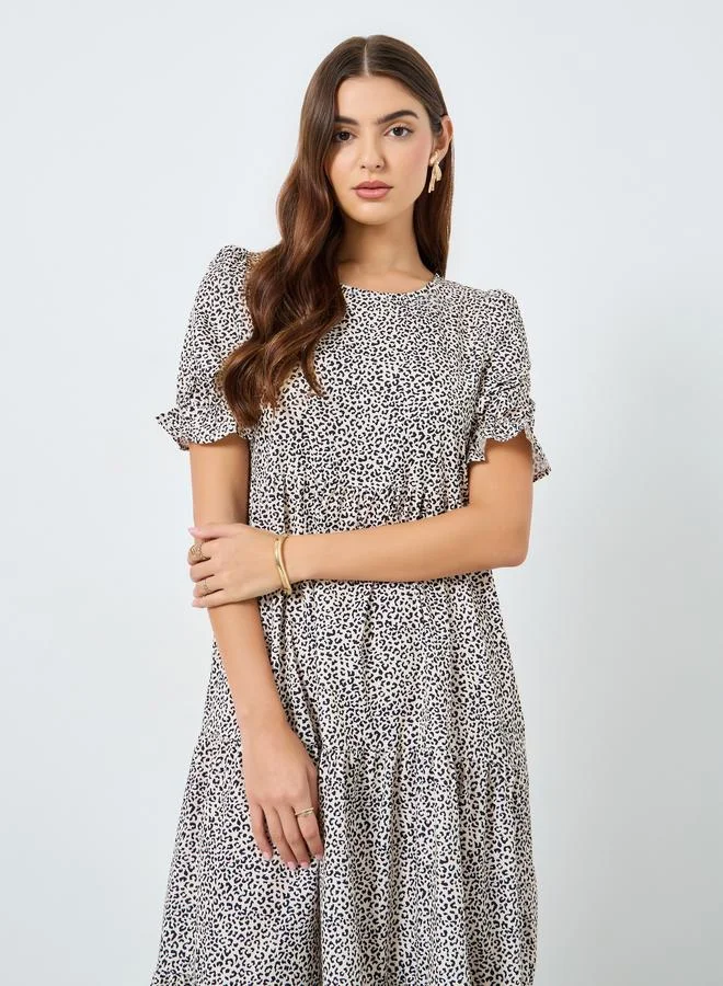 Take Two Leopard Print Round Neck Tiered Midi Dress