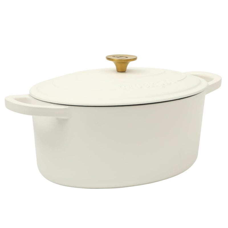 Crock-Pot طاجن كروك بوت آرتيزان سعة 7 كوارت oval مع غطاء، حديد زهر مطلي، أبيض كتان مع مقبض ذهبي، أواني طهي ثقيلة لتحضير الخبز، والطهي البطيء، والشواء، والتحميص - Image 1