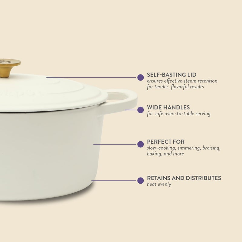 Crock-Pot طاجن كروك بوت آرتيزان سعة 7 كوارت oval مع غطاء، حديد زهر مطلي، أبيض كتان مع مقبض ذهبي، أواني طهي ثقيلة لتحضير الخبز، والطهي البطيء، والشواء، والتحميص - Image 3