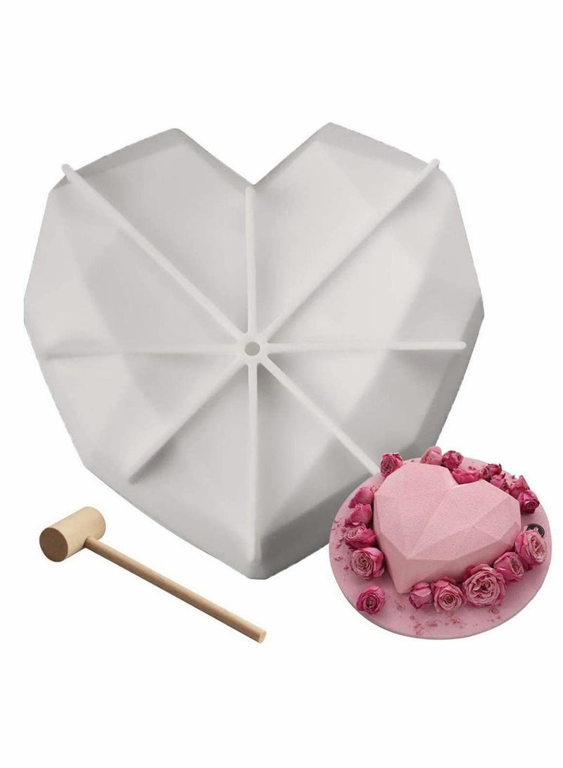 Diamond Heart Shape Silicone Cake Mold, Geometric Baking with Mini Wooden Hammers, Perfect for 3D Mousse Kitchen DIY Tools, Dessert, Mousse, Brownie - White - Image 1