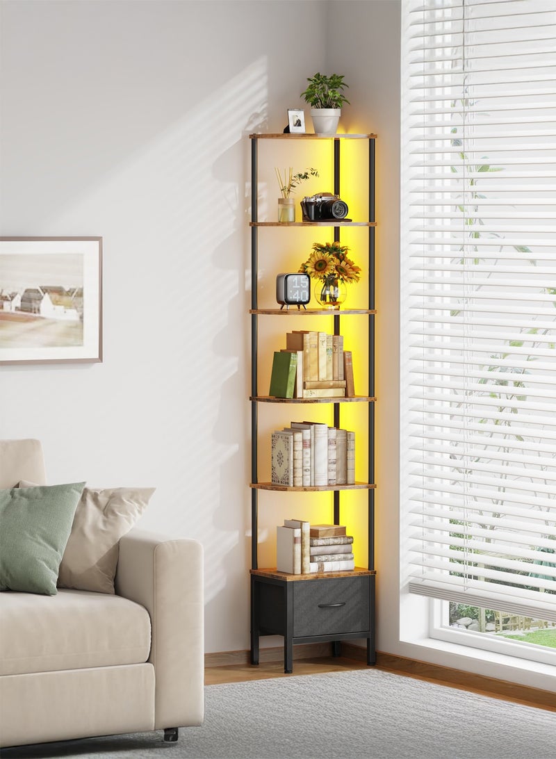 يانارا رف زاوية متعدد الطوابق (6 رفوف) مع إضاءة LED وأدراج قماشية، ارتفاع 192 سم للأماكن الضيقة، رف كتب ريفي بني للغرفة المعيشة والمجالس وغرف النوم - Image 2