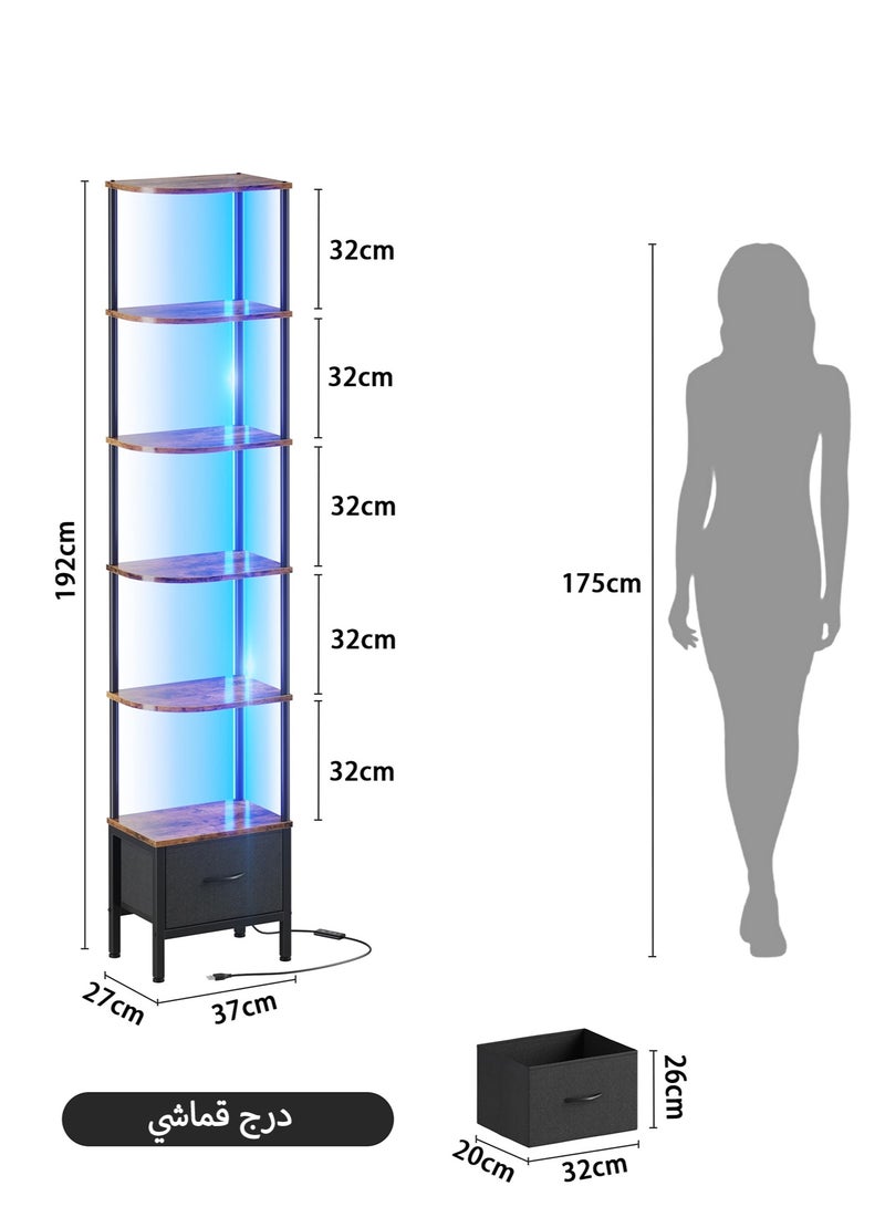 يانارا رف زاوية متعدد الطوابق (6 رفوف) مع إضاءة LED وأدراج قماشية، ارتفاع 192 سم للأماكن الضيقة، رف كتب ريفي بني للغرفة المعيشة والمجالس وغرف النوم - Image 3