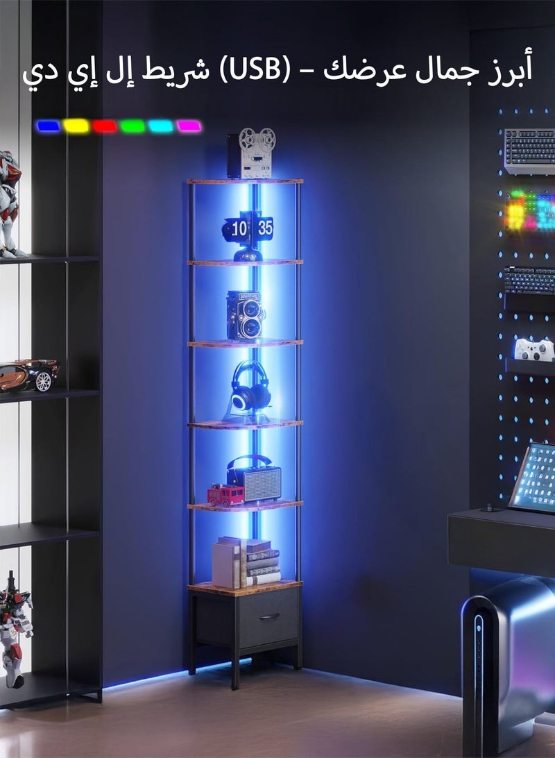 يانارا رف زاوية متعدد الطوابق (6 رفوف) مع إضاءة LED وأدراج قماشية، ارتفاع 192 سم للأماكن الضيقة، رف كتب ريفي بني للغرفة المعيشة والمجالس وغرف النوم - Image 4