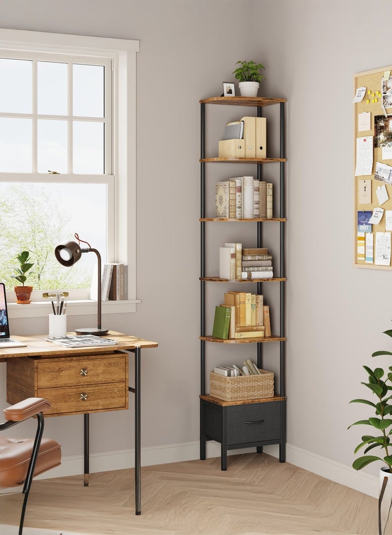 يانارا رف زاوية متعدد الطوابق (6 رفوف) مع إضاءة LED وأدراج قماشية، ارتفاع 192 سم للأماكن الضيقة، رف كتب ريفي بني للغرفة المعيشة والمجالس وغرف النوم - Image 5