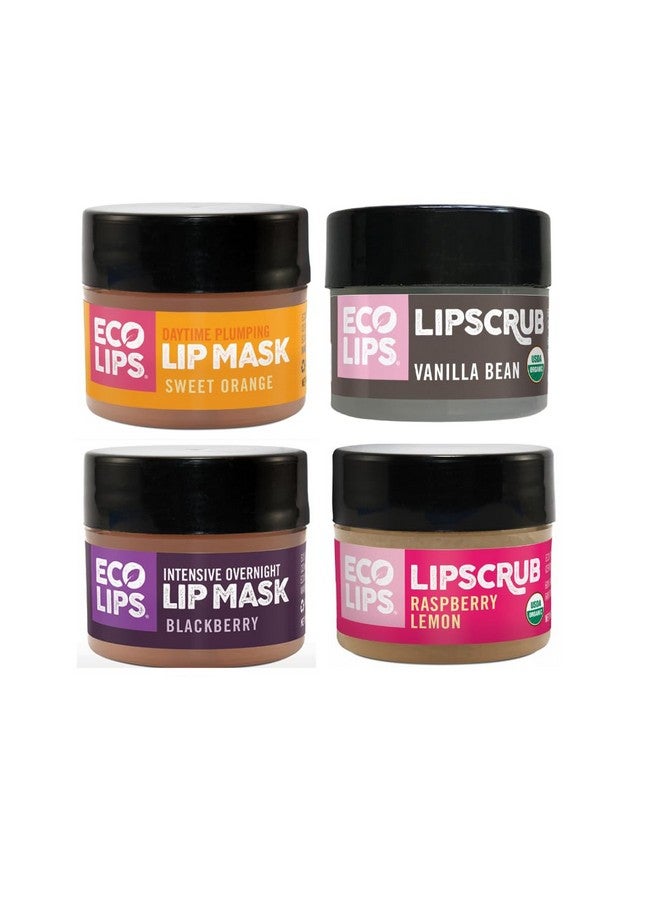 Eco Lips Organic Sugar Lip Scrub, Plumping Lip Mask & Overnight Intensive Lip Mask for Chapped Lips 4-Pack (0.25 oz. each) - 100% Natural