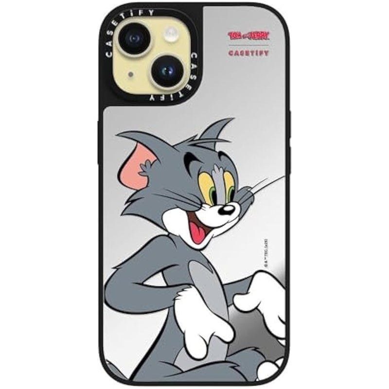 Casetify Mirror Case for iPhone 15 【Tom and Jerry Colab/Reflective / 4.9ft Drop Protection/Compatible with Magsafe】 - Tom Character - Silver on Black - Image 1