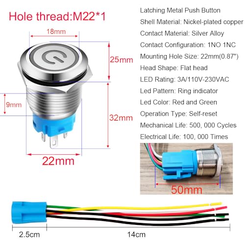 Gebildet زر ضغط مزود بموصل سلك 22 مم مع قفل 3A/110V-230VAC 1NO 1NC SPDT تشغيل وإيقاف معدني مقاوم للماء IP65 قفل ذاتي (LED أحمر وأخضر) - Image 4