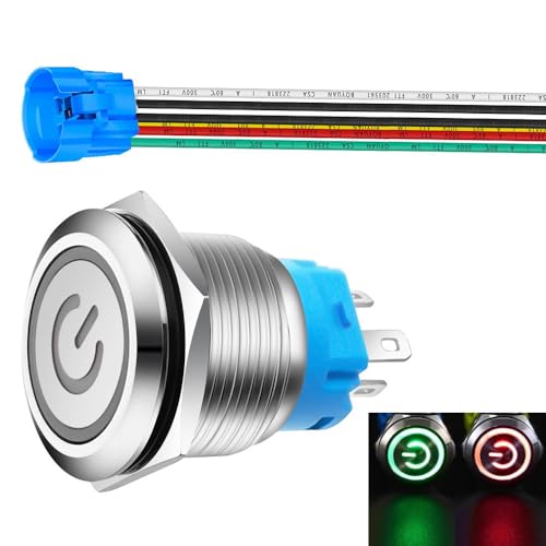 Gebildet زر ضغط مزود بموصل سلك 22 مم مع قفل 3A/110V-230VAC 1NO 1NC SPDT تشغيل وإيقاف معدني مقاوم للماء IP65 قفل ذاتي (LED أحمر وأخضر) - Image 1