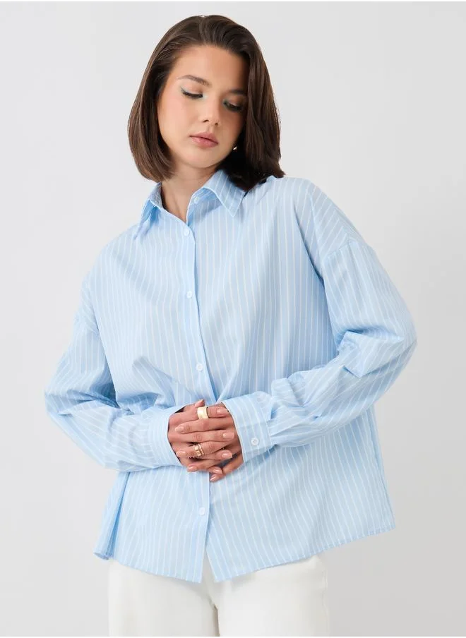 تايك تو Take Two Striped Spread Collar Oversized Shirt