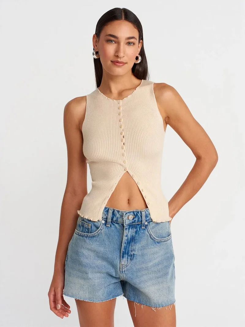 ديلفين Dilvin Sleeveless Ribbed Button Cardigan
