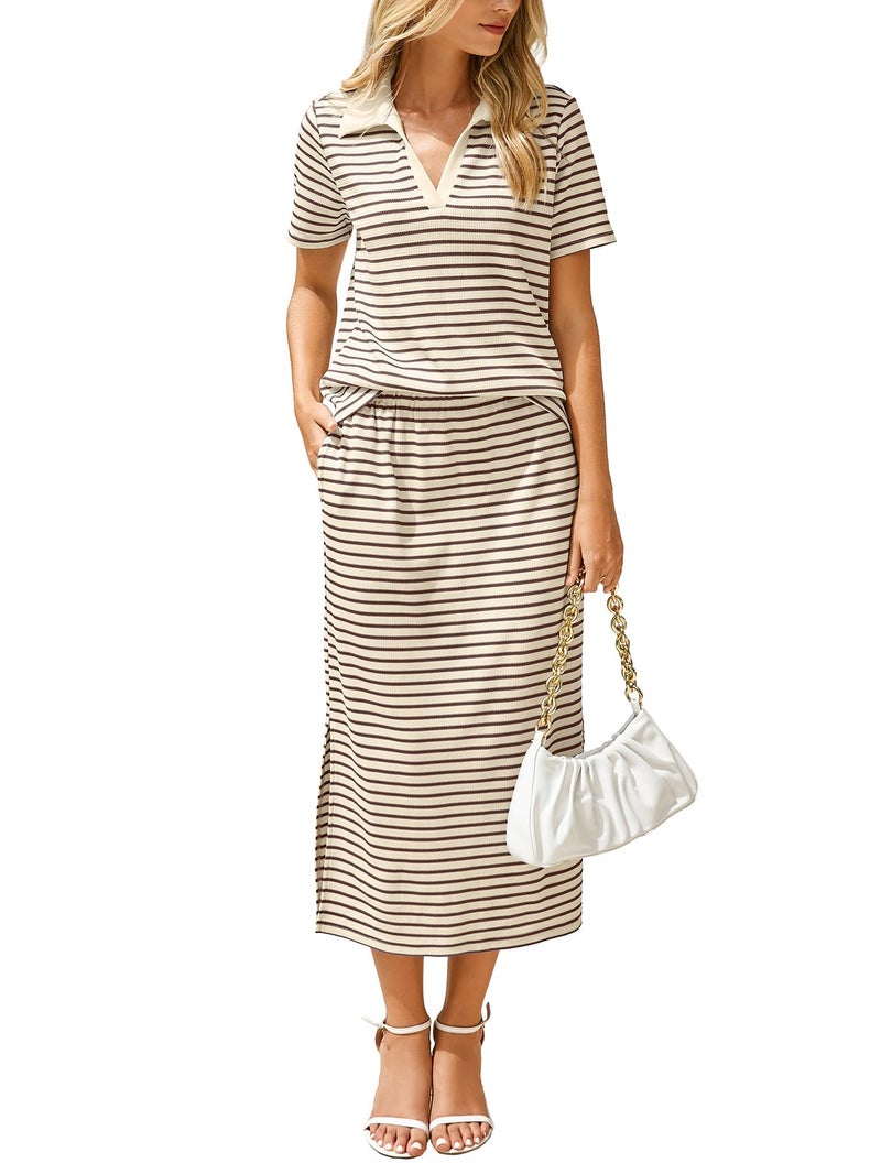 Glamaker Womens 2 Piece Skirt Sets Short Sleeve Polo Top and Midi Skirt Matching Sets Summer Travel Outfits (Coffee Beige S) - Image 1