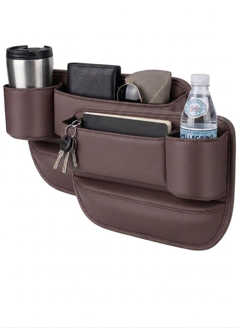 Arabest 2PCS Car Seat Gap Filler, Automotive Seat Leather Storage Box with Cup Holder, Driver Side Seat Gap Organizer Adjustable Front Seat Storage Organize for Phones Glasses Keys Cards, Brown, 30 x 20 cm - Image 1