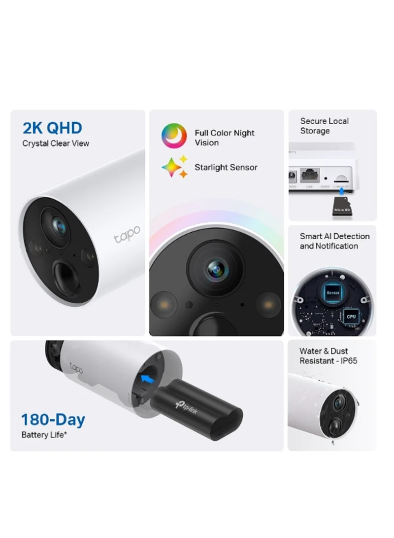 تي بي لينك Tapo C420S2 Smart Wire-Free Security Camera System, 2-Camera System, 2K QHD, 180-Day Battery life, Full Color Night Vision, Smart AI Detection, Wire Free Placement, IP65 Water and Dust Resistant