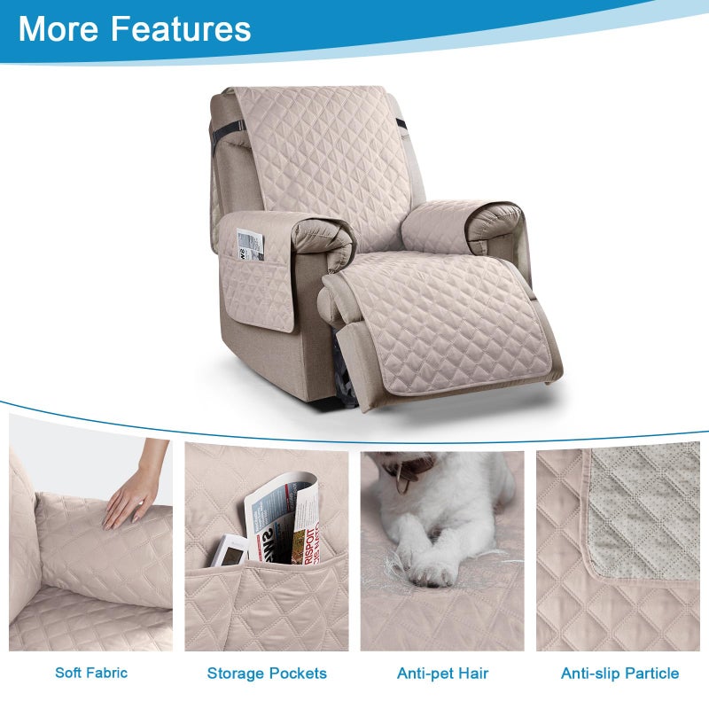 TAOCOCO 1 Seater Recliner Covers,Waterproof Recliner Protector,Armchair Covers with Pockets,Recliner Chair Slipcovers,Anti Slip Reclining Sofa Covers,Arm Chair Covers for Pets/Dogs/Kids(Light Khaki) - Image 4