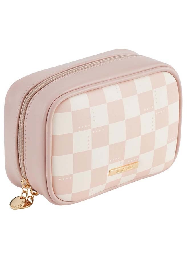 Travel Makeup Bag For Women-Cute Make Up Bag With Compartments,Portable Vegan Leather Cosmetic Bag For Purse, Checkered Waterproof Makeup Pouch (Pink) - Image 1