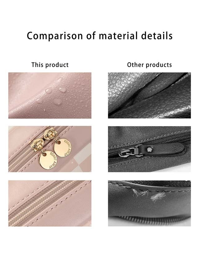 Travel Makeup Bag For Women-Cute Make Up Bag With Compartments,Portable Vegan Leather Cosmetic Bag For Purse, Checkered Waterproof Makeup Pouch (Pink) - Image 3