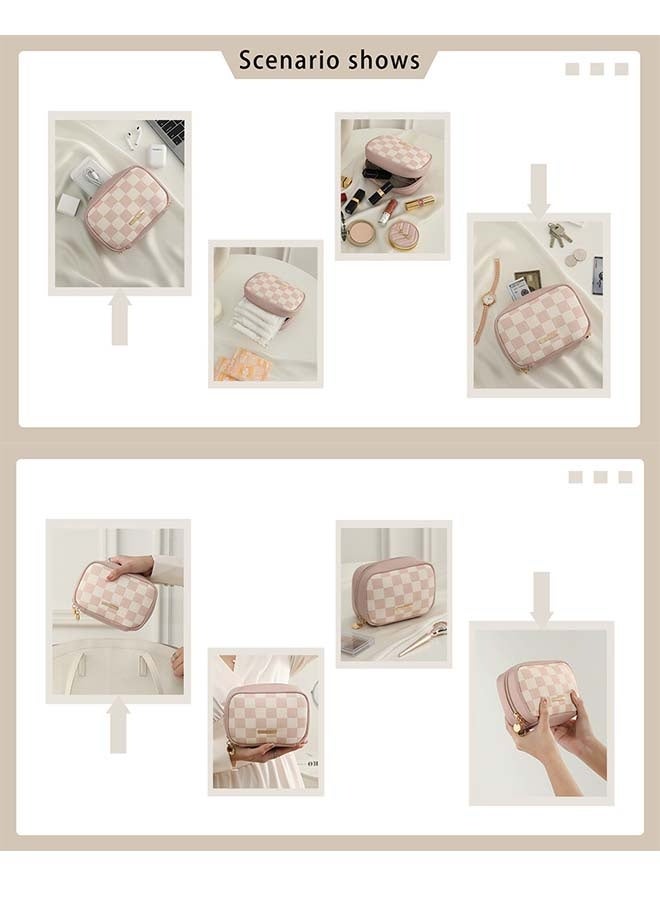 Travel Makeup Bag For Women-Cute Make Up Bag With Compartments,Portable Vegan Leather Cosmetic Bag For Purse, Checkered Waterproof Makeup Pouch (Pink) - Image 5