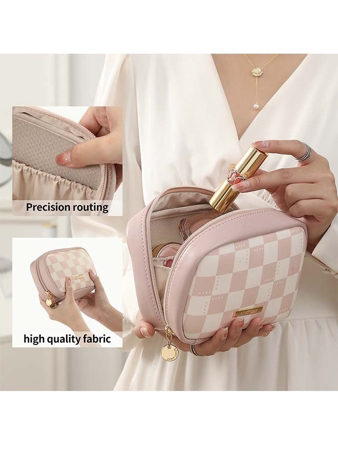 Travel Makeup Bag For Women-Cute Make Up Bag With Compartments,Portable Vegan Leather Cosmetic Bag For Purse, Checkered Waterproof Makeup Pouch (Pink) - Image 2