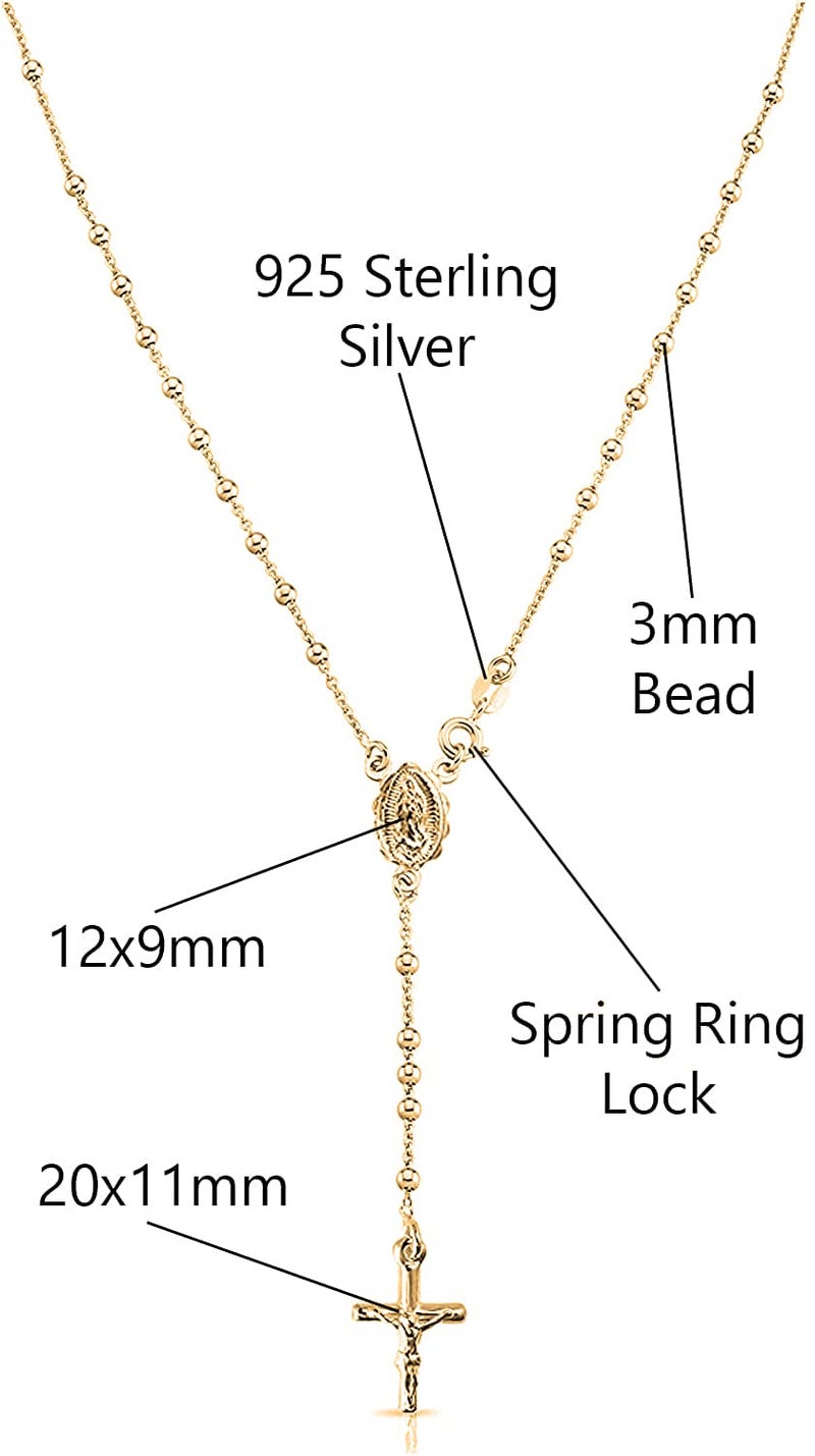 Savlano 925 Sterling Silver Italian Solid Bead Chain Cross & Rosary Virgin Mary Pendant -18K Gold Plated Y Necklace Comes With Gift Box for Women - Made in Italy (24, 3mm) - Image 2