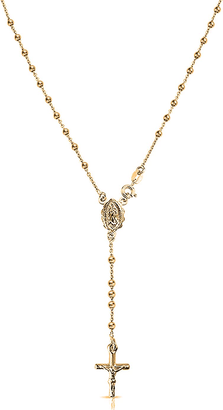 Savlano 925 Sterling Silver Italian Solid Bead Chain Cross & Rosary Virgin Mary Pendant -18K Gold Plated Y Necklace Comes With Gift Box for Women - Made in Italy (24, 3mm) - Image 1