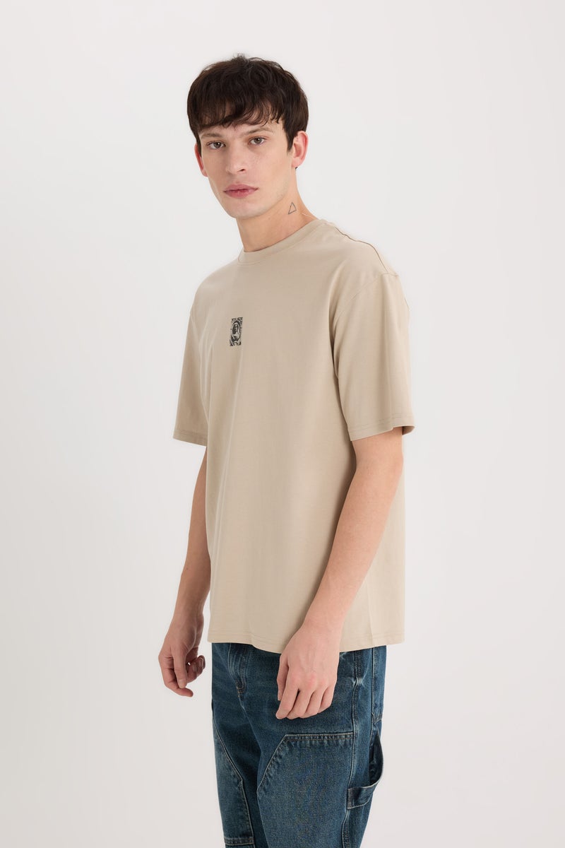 DeFacto Beige Man Boxy Fit Crew Neck Back Printed T-Shirt Casual - Image 4