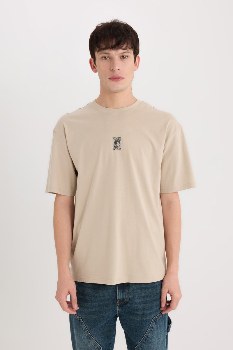 DeFacto Beige Man Boxy Fit Crew Neck Back Printed T-Shirt Casual - Image 3