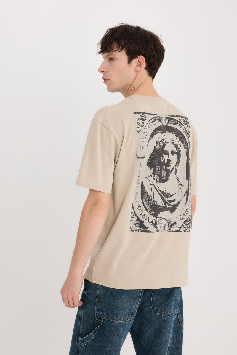 DeFacto Beige Man Boxy Fit Crew Neck Back Printed T-Shirt Casual - Image 1