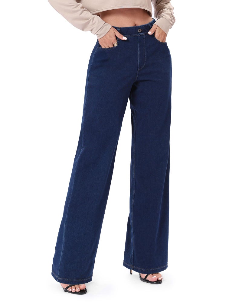TONIRY Wide Leg Jeans for Women High Waisted, Stretchy Pull On Baggy Sweatpant Jeans Denim Pants Casual Trendy Straight Fit Work Trousers Jean Comfortable Tummy Control Dark Blue - Image 1