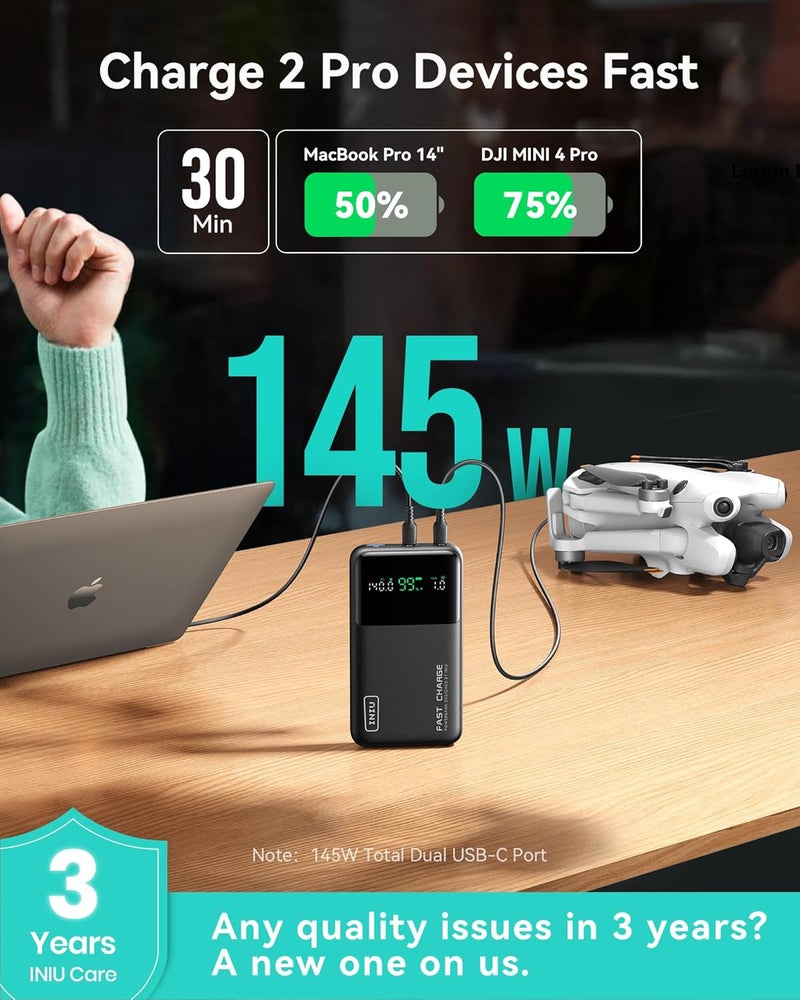 INIU 140W Power Bank, Compact 25000mAh High Capacity Laptop Portable Charger, USB C in&Out Tablet Powerbank, Smart Digital Display Phone Charger for iPhone 16 15, Samsung, iPad, MacBook, Laptop etc. - Image 2