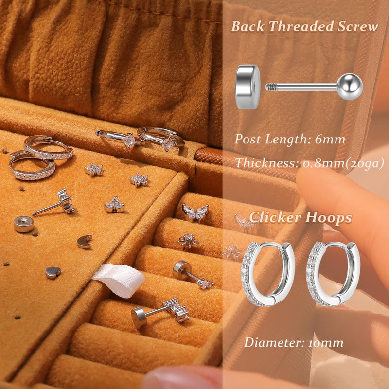 KRFY Flat Back Stud Earrings - 17 Pairs Silver Color Surgical Steel Stud Earrings For Women Hypoallergenic Hoop Earrings Tiny Screw Back Cartilage Earring Set For Multiple Piercing - Image 2