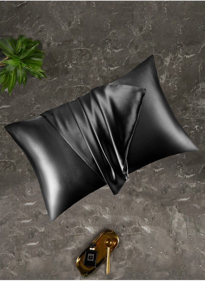 Arabest - 2-Piece Simple Solid Colour Silk Satin Pillow Case with Envelope Closure for Hair and Skin Black - Image 1