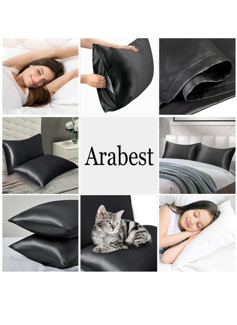 Arabest - 2-Piece Simple Solid Colour Silk Satin Pillow Case with Envelope Closure for Hair and Skin Black - Image 1