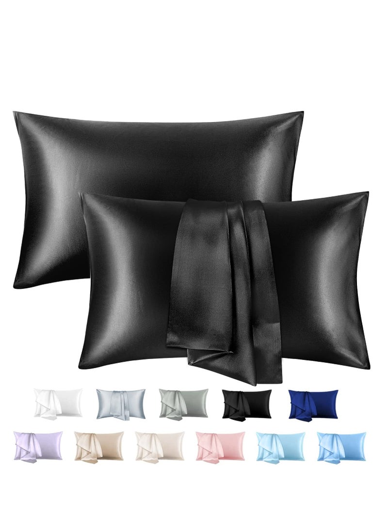 Arabest - 2-Piece Simple Solid Colour Silk Satin Pillow Case with Envelope Closure for Hair and Skin Black - Image 1