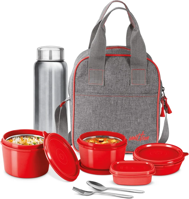 Milton Milton Savor Lunch Tiffin (3 Microwave Safe Inner Steel Containers, 180/320/450 ml; 1 Plastic Chutney Dabba,100ml; 1 Aqua Steel Bottle, 750ml, Steel Spoon and Fork) With Insulated Fabric Jacket, Red