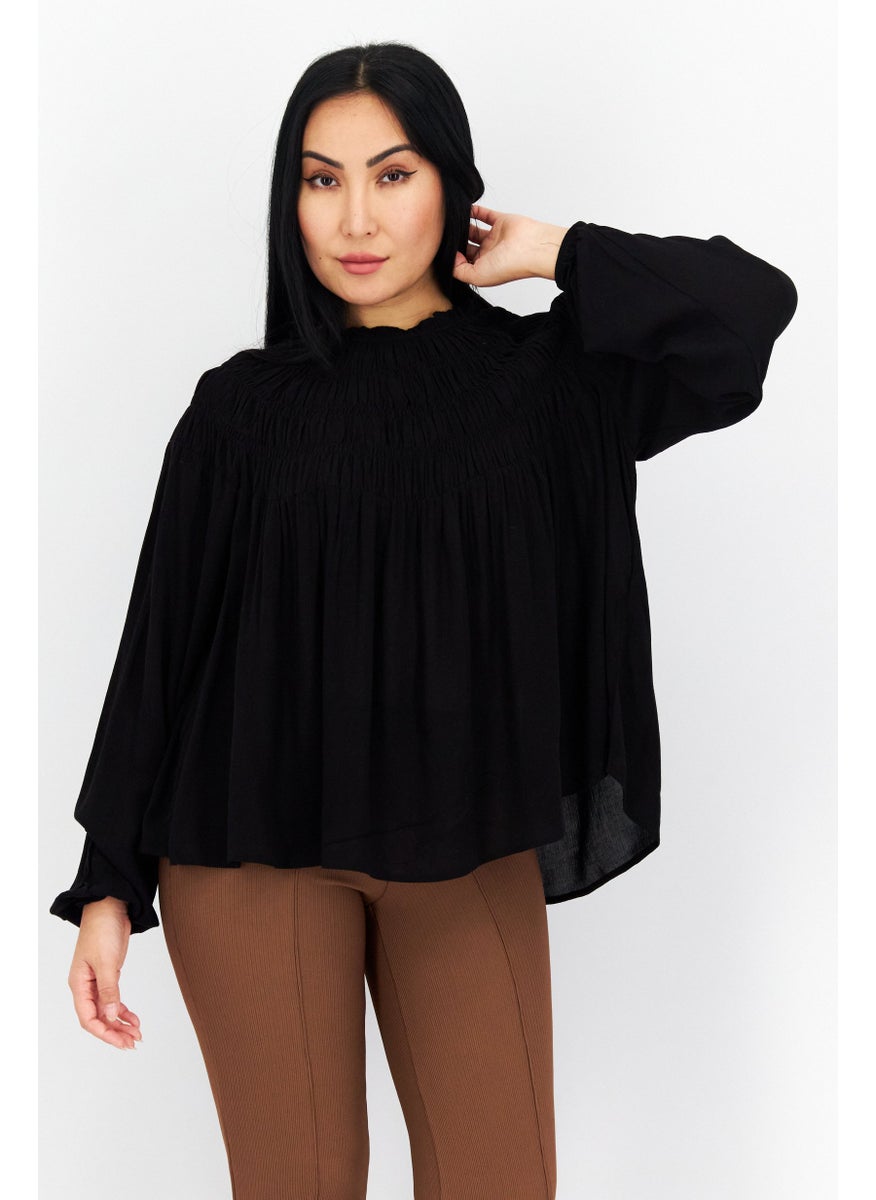 s.Oliver Women Ruffle Neck Long Sleeve Plain Blouse, Black  - Image 1