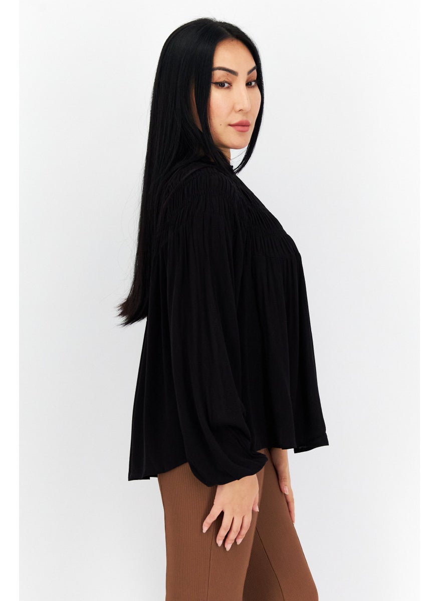 s.Oliver Women Ruffle Neck Long Sleeve Plain Blouse, Black  - Image 3