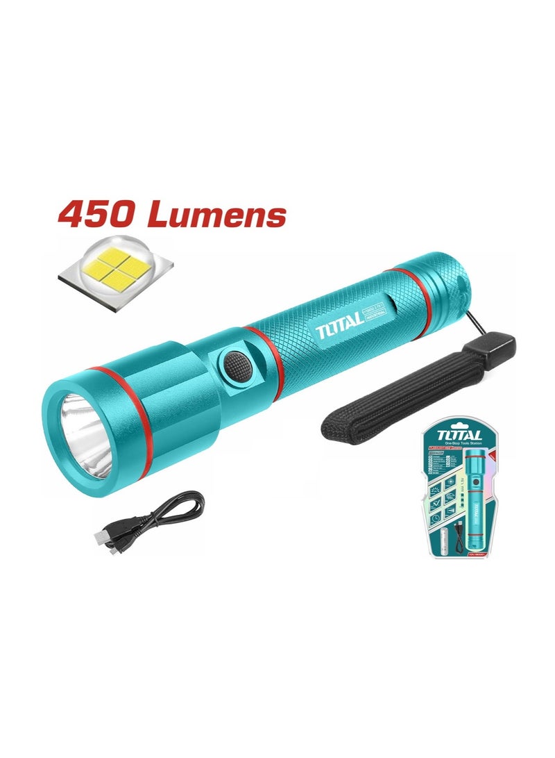 توتال كشاف يدوي LED قابل لإعادة الشحن – 450 لومن – بلون أزرق فيروزي – 5 أوضاع إضاءة – بطارية 2000 مللي أمبير مشمولة 
