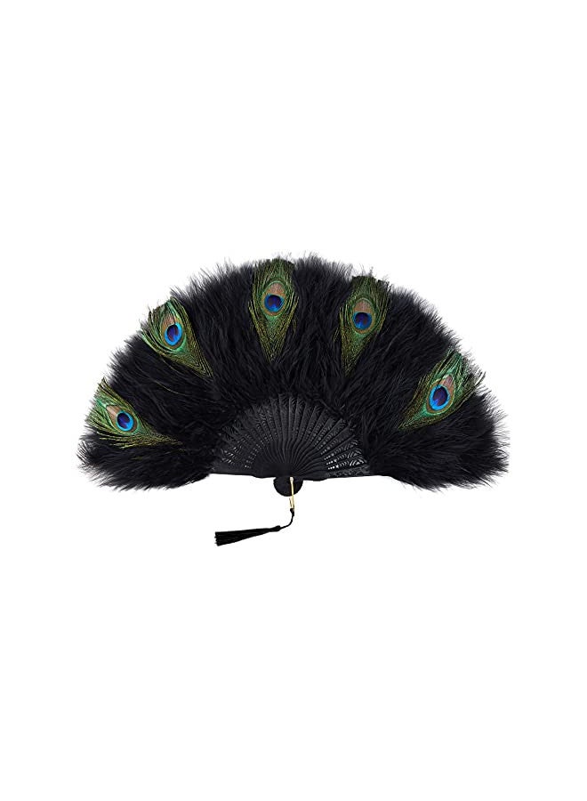 BABEYOND مروحة بابيوند من ريش المارابو 20s مروحة قابلة للطي عتيقة مروحة يد لعرض الرقص حفلة شاي زينة زفاف (أسود و طاووس-أسود ريب) - Image 1